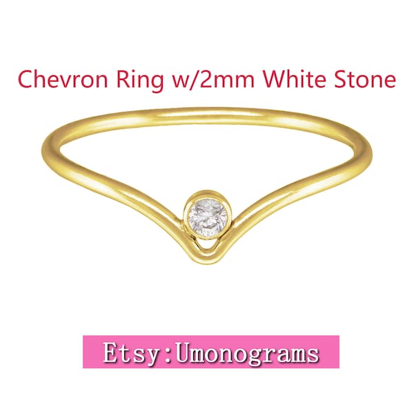 14K Yellow Gold Filled Chevron Ring w/2mm White 3A CZ Stone V Shape Smooth Rings US Size 5/6/7/8 Wholesale Jewelry Findings 1/20 14kt GF