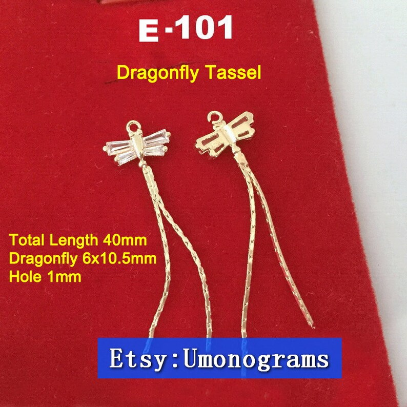 #E-100,E-101 Brass With Gold Plated 14K HeartDragonfly Dapped Bar Chain Tassel wCz Stone Drop Charm Links E-Coated Findings Wholesale GP