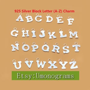 Dije de letra de bloque (A-Z) de plata esterlina 925 de 0,5 mm de grosor, 26 dijes de letras, dije tallado hueco, fabricado en EE. UU., venta al por mayor