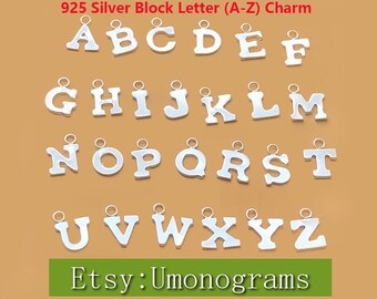 925 Sterling Silver Block Letter (A-Z) Charm 0.5mm Thick 26 Letter Charms  Hollow Carve Charm, Made In USA, Wholesale