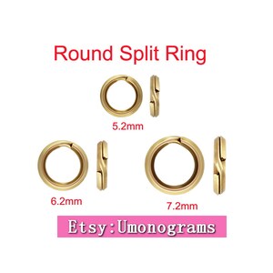 Op de afbeelding: Drie ronde splitringen in verschillende maten, in goudkleur. De ringen hebben een diameter van 5,2 mm, 6,2 mm en 7,2 mm. Etsy: Umonograms