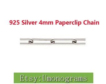 Cadena de clip de papel de 4mm de Plata de Ley 925, cadenas sin terminar a pie, venta al por mayor, hallazgos de joyería DIY a granel hechos en EE. UU.