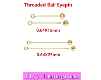 14K Yellow Gold Filled Threaded Ball Eyepin 22 gauge 0.64mm Length 590"/985"(15/25mm)  Ball Headpins Wholesale 14kt GF