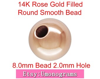 14K Rose Gold Filled 8mm Round Smooth Seamless Shiny Bright Beads 2.0m Hole Spacer Wholesale BULK DIY Jewelry Finddings 1/20 14kt RGF