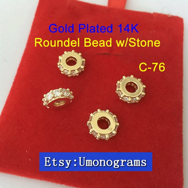 Brass With Gold Plated 14K Roundel Bead Charms  w/ White Cz Stone Wheel Beads Drop Pendant E-Coated Jewelry Findings Wholesale GP (#C-76)