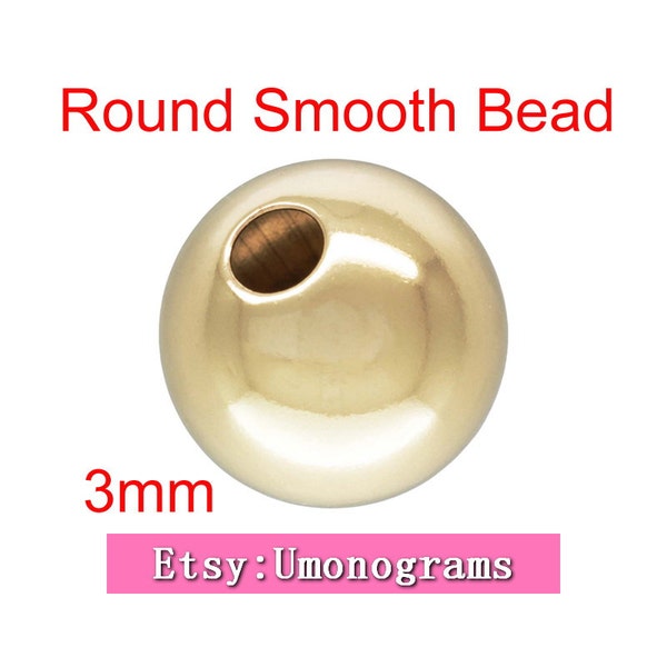 14K Yellow Gold Filled 3mm Round Smooth Beads 1mm/1.3mm/1.5mm Hole Seamless Shiny Bright Spacer Wholesale DIY Jewelry Findings 1/20 14kt GF