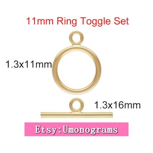 May include: Gold-toned 11mm ring toggle set for jewelry making. The set includes a 1.3 x 11mm ring and a 1.3 x 16mm bar. Etsy: Umonograms