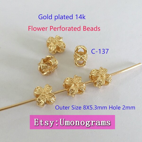 Brass With Gold Plated 14K Flower Perforated Beads E-Coated Jewelry Wholesale GP (#C-137)