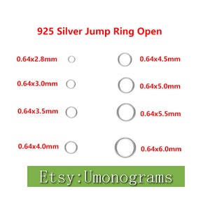 May include: A set of 925 sterling silver jump rings in various sizes, ranging from 0.64 x 2.8 mm to 0.64 x 6.0 mm. The rings are open and ready to be used for jewelry making.