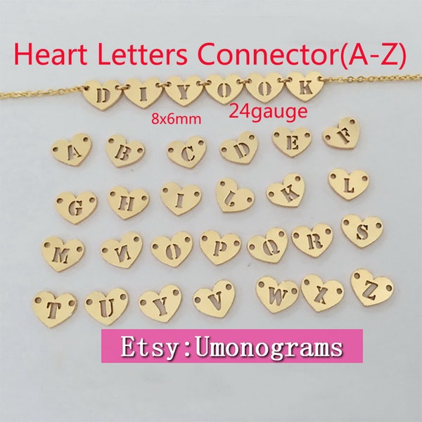 14K Yellow Gold Filled 8x6mm Heart Letters Connector W/2Holes 24ga 0.5mm (A-Z) 26 Letter Charms Wholesale Jewelry Findings 1/20 14kt GF