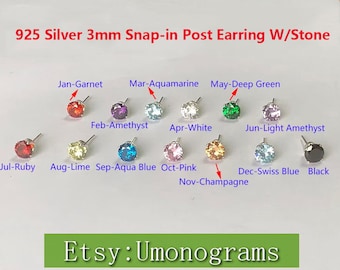 925 Sterling Silver 3mm Snap-in Post Earring W/Stone  Loop Ear Components, Made In USA, Wholesale Jewelry Findings