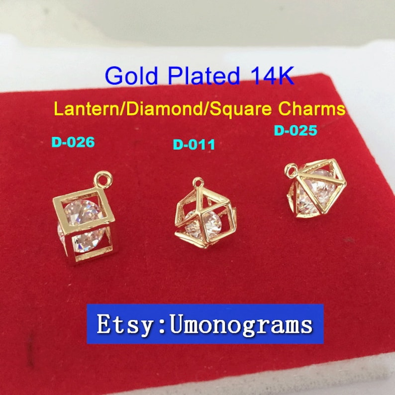 Brass With Gold Plated 14K LanternDiamondSquare Shape Charms White Cz Stone Inside Drop Pendant E-Coated Wholesale GP #D-011,D-025,D-026