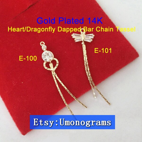 Brass With Gold Plated 14K Heart/Dragonfly Dapped Bar Chain Tassel w/Cz Stone Drop Charm Links E-Coated Findings Wholesale GP (#E-100,E-101)