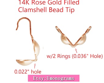 14K Rose Gold Filled Clamshell Bead Tip (0.022" hole) | w/2 Rings (0.036" Hole) Knot End Cover Clam shell  Jewelry Findings 1/20 14kt RGF