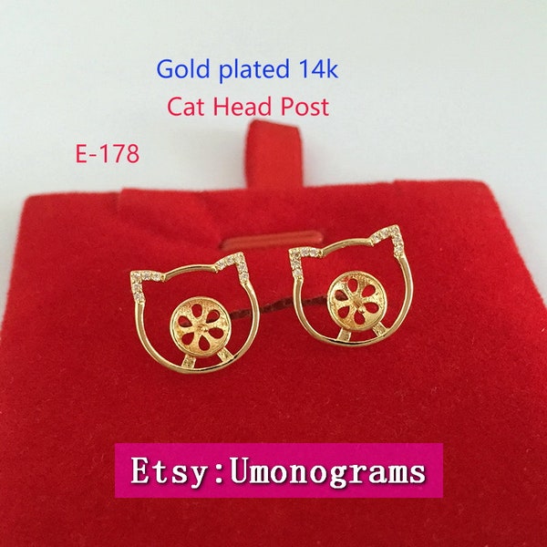 Brass With Gold Plated 14K Cat Head Post 925 Silver Pin Wholesale GP (#E-178)