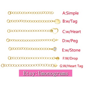 May include: Seven gold chain extender options with different charms, including a simple chain, a tag, a heart, a peg, a stone, a drop, and a heart tag. The text "Etsy: Umonograms" is at the bottom of the image.
