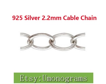 Cadena de Cable de Plata de Ley 925 de 2,2mm, metraje de cadenas sin terminar a pie, venta al por mayor, accesorios de joyería DIY a granel, hechos en EE. UU.