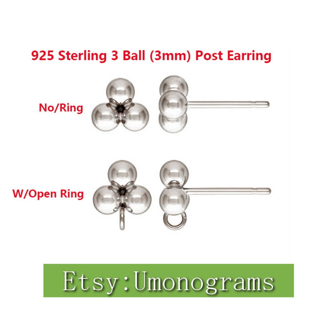 925 Sterling Silver 3 Ball (3mm) Post Earring loop Ear Components, Made ...