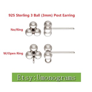 Könnte beinhalten: Zwei Paar Ohrringe aus Sterlingsilber mit drei 3 mm großen Kugeln. Die Ohrringe links haben einen offenen Ring, der an der Stift befestigt ist, während die Ohrringe rechts keinen haben. Der Text "No/Ring" und "W/Open Ring" wird über den Ohrringen angezeigt.