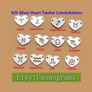 Conector de doce constelaciones de corazón de plata de ley 925 con 2 orificios de 0,8 mm de grosor, dije tallado hueco de 12 constelaciones, hecho en EE. UU., venta al por mayor