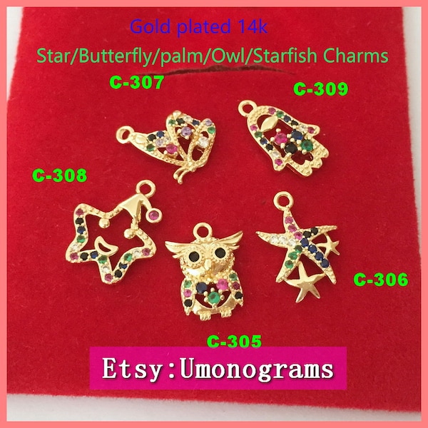 Brass With Gold Plated 14K Star/Butterfly/palm/Owl/Starfish Charms Paved Pendant E-Coated Jewelry Findings Wholesale GP(C-305-309)