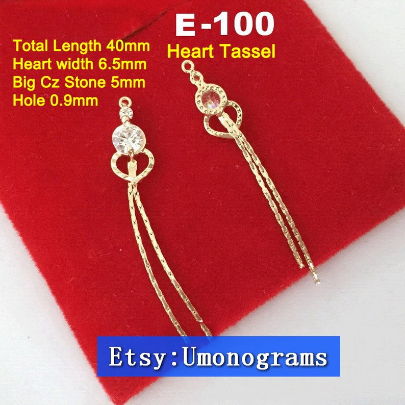 #E-100,E-101 Brass With Gold Plated 14K HeartDragonfly Dapped Bar Chain Tassel wCz Stone Drop Charm Links E-Coated Findings Wholesale GP