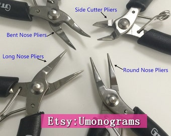 May include: Four different types of pliers with black handles: bent nose, long nose, round nose, and side cutters. The pliers are arranged in a circle on a white surface. The text "Etsy: Umonograms" is visible in the lower center of the image.