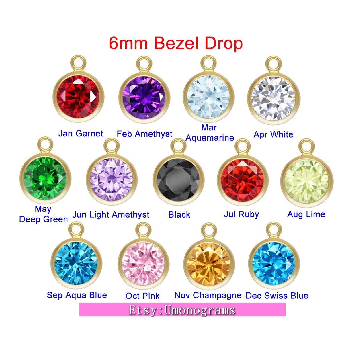 6mm Cz Stone Bezel Drop Birstone Charms For Nekclace Bracelet Components Connector 14K Yellow Gold Filled DIY Jewelry Findings 1/20 14kt GF