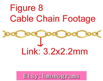 May include: Gold figure 8 cable chain with a link size of 3.2 x 2.2 mm. The chain is shown in a close-up view. Etsy: Umonograms