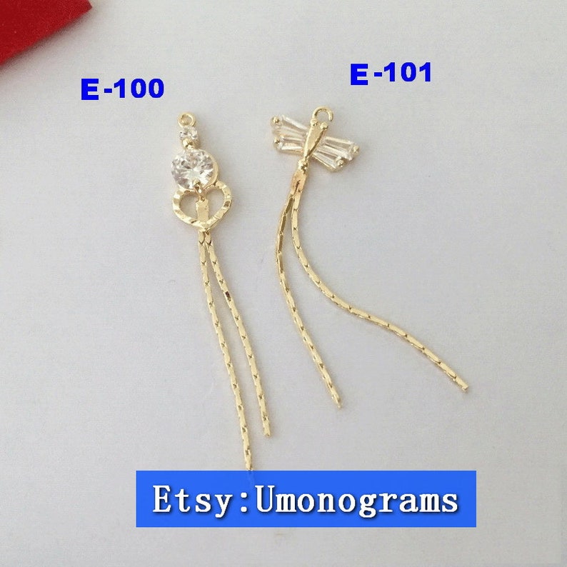 #E-100,E-101 Brass With Gold Plated 14K HeartDragonfly Dapped Bar Chain Tassel wCz Stone Drop Charm Links E-Coated Findings Wholesale GP
