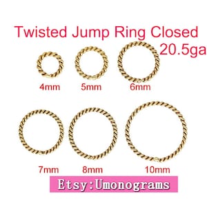以下が含まれることがあります： 金色のねじれたジャンプリングは、4mm、5mm、6mm、7mm、8mm、10mmのサイズがあります。リングは閉じており、20.5ゲージのワイヤーで作られています。Etsy: Umonograms