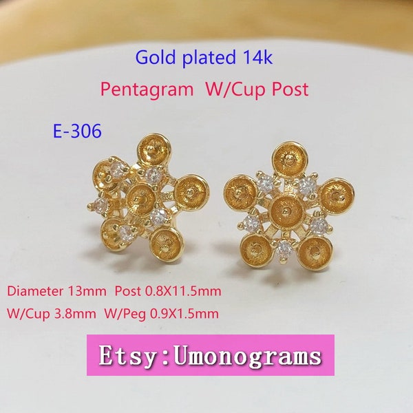 Brass With Gold Plated 14K Pentagram W/Cup Post 925 Silver Pin E-Coated Jewelry Findings Wholesale GP (#E-306)