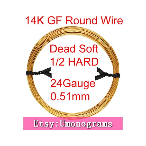 Gold Filled Wire Round 24 Gauge .020" 0.51mm Dead Soft / Half Hard 14K Yellow Gold Filled Wholesale BULK DIY Jewelry Findings 1/20 14kt GF