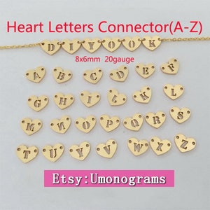 Conector de letras de corazón de 8 x 6 mm relleno de oro amarillo de 14 quilates con 2 orificios, calibre 20, 0,8 mm (A-Z), 26 dijes de letras, accesorios de joyería al por mayor, 1/20, 14 kt GF