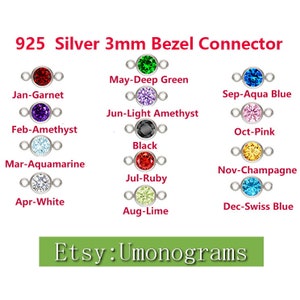 Plata de Ley 925, conector de bisel de piedra Cz de 3mm, piedra natal con 2 anillos cerrados, hecho en EE. UU., venta al por mayor, hallazgos de joyería DIY a granel