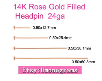 14K Rose Gold Filled Headpin 24ga 0.5mm Wire Length 0.5/0.75/1/1.5/2 inch (12.7/19/25.4/38.1/50.8mm) Cupped End Headpins Wholesale 14kt RGF