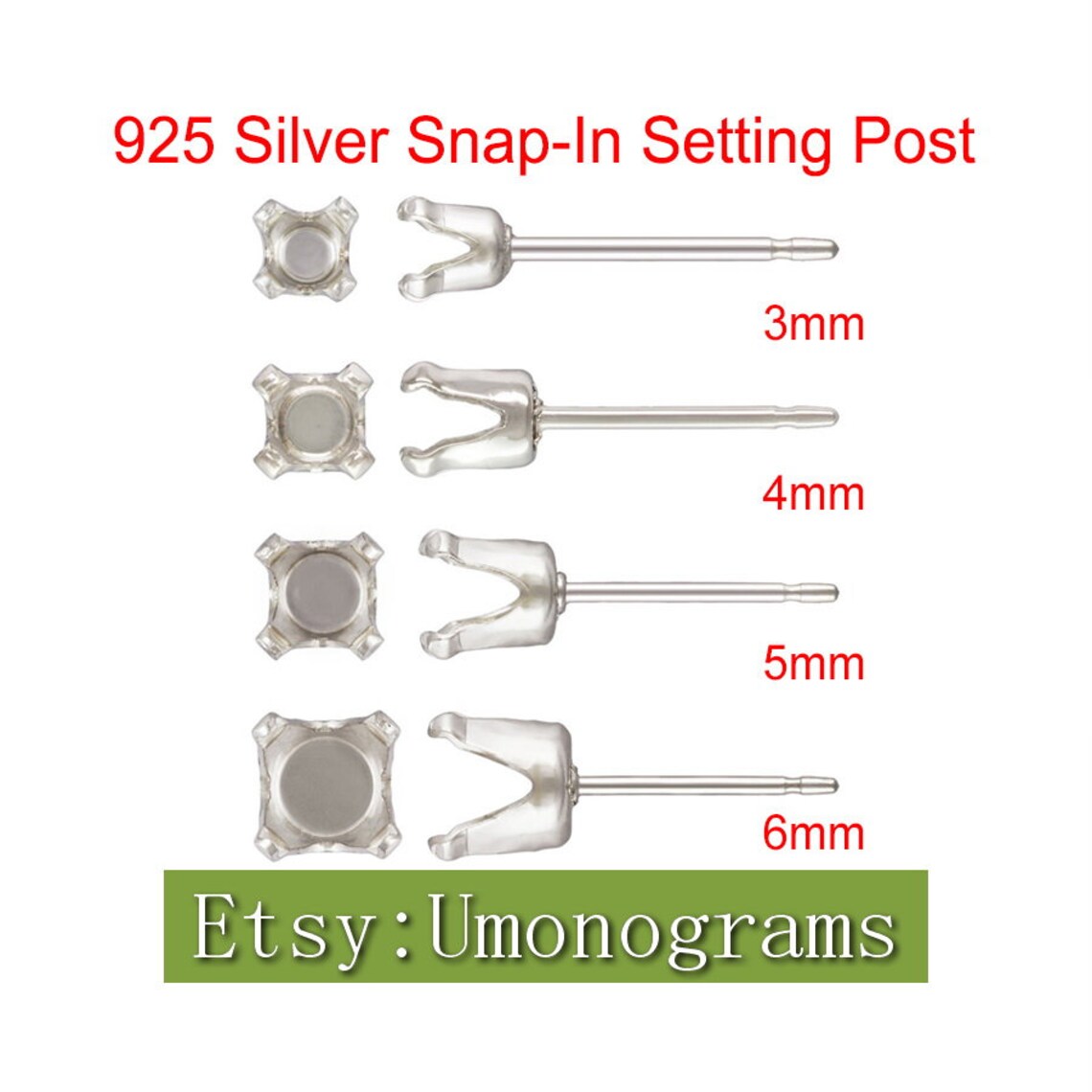 Post Setting Rings 925 Sterling Silver Snap-in Setting Post Earring 3/4/5/6mm, Snap Tite ...