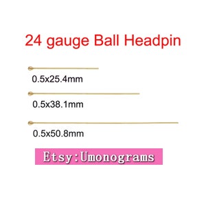 以下が含まれることがあります： 異なる長さの3本の金色のボールヘッドピン。サイズは0.5x25.4mm、0.5x38.1mm、0.5x50.8mm。画像には「24ゲージボールヘッドピン」と「Etsy: Umonograms」のテキストが含まれています。