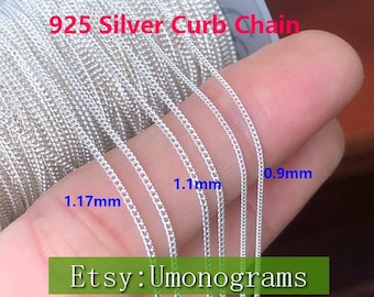 925 Sterling Silver 0.9mm/1.1mm/1.17mm Curb Chain  Footage Unfinished Chains by Foot  Wholesale BULK DIY Jewelry Findings Made In USA