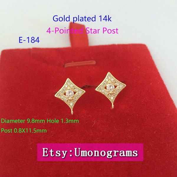 Brass With Gold Plated 14K 4-Pointed Star Post 925 Silver Pin E-Coated Jewelry Findings Wholesale GP (#E-184)