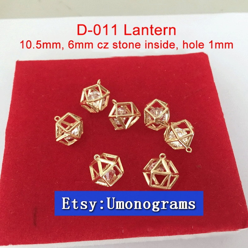 Brass With Gold Plated 14K LanternDiamondSquare Shape Charms White Cz Stone Inside Drop Pendant E-Coated Wholesale GP #D-011,D-025,D-026