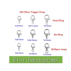 Könnte beinhalten: Eine Auswahl an 925er Silber-Karabinerverschlüssen in verschiedenen Größen, mit und ohne Ringe. Größen sind 4,8x9mm, 6x11,5mm, 7x13mm, 5x8,2mm, 6,0x10mm und 7x12mm. Der Text "Etsy:Umonograms" ist enthalten.