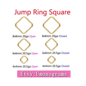 Pode incluir: Seis argolas de salto douradas de diferentes tamanhos, 4x4mm, 6x6mm e 8x8mm. Cada anel é mostrado aberto e fechado. Os anéis são etiquetados com seu tamanho e calibre. O texto "Jump Ring Square" está na parte superior da imagem. O texto "Etsy: Umonograms" está na parte inferior da imagem.