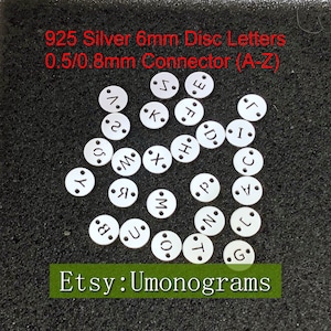 Conector de letras de disco redondas de 6 mm (A-Z) de plata de ley 925 con 2 orificios de 0,5/0,8 mm de grosor, 26 letras huecas, fabricado en EE. UU., venta al por mayor