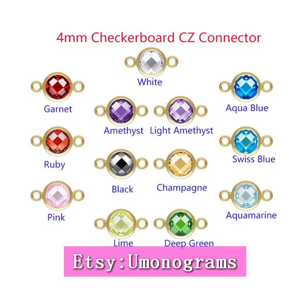 14K Yellow Gold Filled 4mm Bezel Connector Double Sided Checkerboard 3A CZ Faceted Round Connector Wholesale Jewelry Findings 1/20 14kt GF