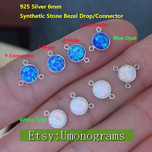 Conector/gota de bisel de piedra sintética de ópalo azul/blanco de plata de ley 925 de 6 mm, fabricado en EE. UU., venta al por mayor de accesorios de joyería DIY