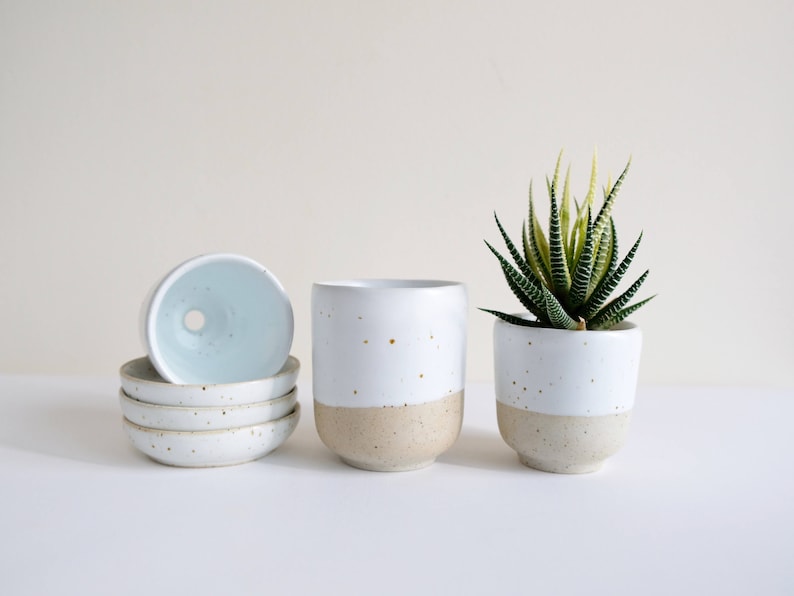 Set of 3 Ceramic Planters & Saucers White Quail Plant Pot Etsy