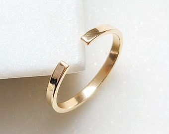 14k Solid Gold Open Cuff Ring, Minimalist Open Ring, Dainty Stackable 2mm Flat Band for Women, Wedding Band