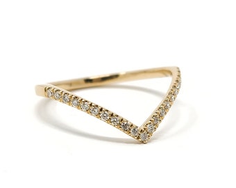14k Solid Gold Diamond Chevron Ring - Diamond Gold V Ring - Dainty, Minimalist Diamond Ring - Nesting Wedding Band
