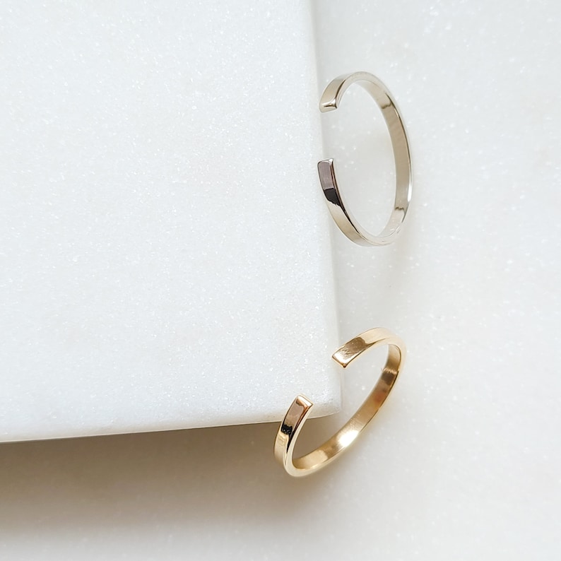 14k Solid Gold Open Cuff Ring, Minimalist Open Ring, Dainty Stackable 2mm Flat Band for Women, Wedding Band image 3